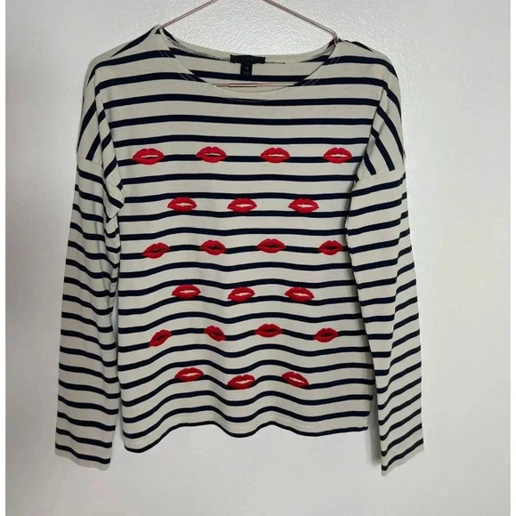 J Crew Women Pullover Long Sleeve Red Lips Embroidered Top White Black Stripe XS - Picture 1 of 9